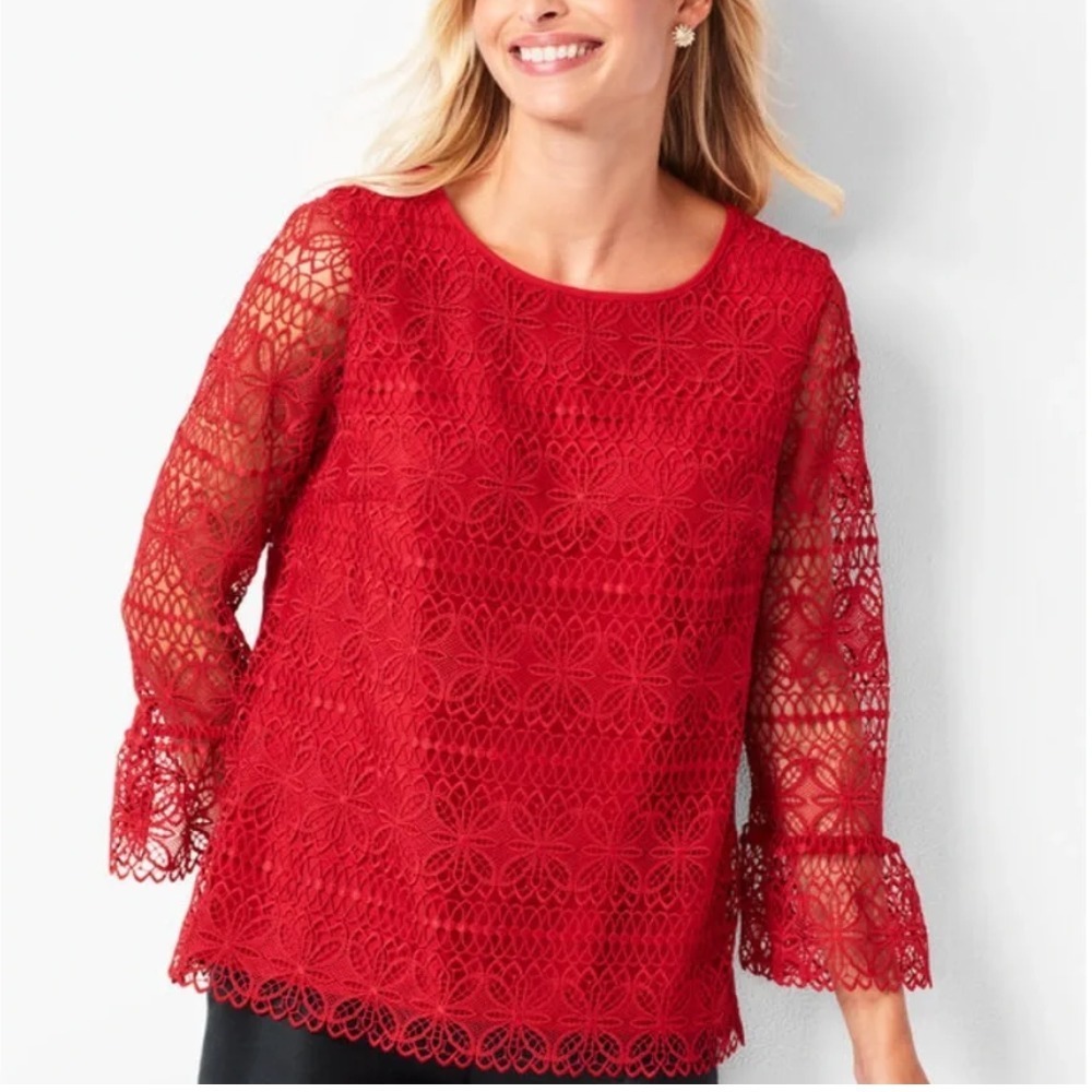 Talbots‎ Womens Size Medium Floral Lace Top 3/4 Length Bell Sleeve Blouse 2455